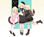  3girls absurdres bangs blunt_bangs blush bob_cut boots bottle brown_footwear closed_mouth coca-cola english_text full_body fusa_(starless2323) garter_straps gradient_background grid_background highres holding holding_bottle komiya_rea long_hair long_sleeves looking_at_viewer lucario multiple_girls open_mouth pokemon standing standing_on_one_leg straight-on tareme thigh_strap thighhighs white_background wide_sleeves yellow_background 