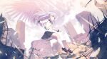  1girl angel angel_beats! angel_wings bangs black_skirt blurry blurry_foreground brown_footwear building buttons cloud cloudy_sky day dutch_angle falling falling_feathers full_body heaven_burns_red highres koh_rd light_blush loafers long_hair long_sleeves looking_down neck_ribbon official_art open_mouth outdoors outstretched_arms pleated_skirt ribbon ruins school_uniform shirt shoes sidelocks skirt sky skyscraper socks solo tachibana_kanade teeth white_hair white_shirt white_sky white_socks white_wings wings yellow_eyes yellow_ribbon 