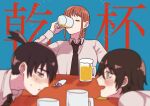  1boy 2girls bangs beer_mug black_hair black_necktie blue_background blurry blurry_foreground blush chainsaw_man closed_eyes collared_shirt cup drunk earrings eyepatch green_eyes gurukousu hayakawa_aki head_on_table highres himeno_(chainsaw_man) holding holding_cup jewelry looking_to_the_side makima_(chainsaw_man) medium_hair mug multiple_girls necktie open_mouth red_hair shirt short_hair sidelocks stud_earrings topknot white_shirt 