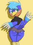  animal_crossing anthro avian beak bird black_clothing black_shirt black_topwear blue_body blue_feathers blue_hair bottomwear butt clothed clothing feathers female green_eyes hair hi_res hotpants looking_back nintendo nojimmyplz portrait rear_view robin_(animal_crossing) shirt shorts simple_background solo three-quarter_portrait topwear yellow_background 