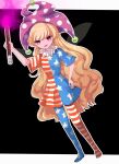  1girl american_flag_dress american_flag_pants bangs black_background blonde_hair border clownpiece commentary_request dress fairy_wings fire full_body hair_between_eyes hand_on_hip hand_up hat highres holding holding_torch jester_cap long_hair looking_to_the_side neck_ruff no_shoes open_mouth ououno outside_border pants pink_eyes polka_dot purple_fire purple_headwear short_sleeves simple_background smile solo standing star_(symbol) star_print striped striped_dress striped_pants tongue torch touhou transparent_wings white_border wings 