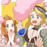  2girls atelier_(series) atelier_marie blonde_hair blue_eyes blush braid breasts caramelrag earrings failure flask green_eyes hair_ornament hair_over_shoulder hairband highres holding holding_flask jewelry long_hair marie_(atelier) multiple_girls open_mouth orange_hair round-bottom_flask schia_donnerstage smoke surprised sweatdrop twin_braids upper_body 