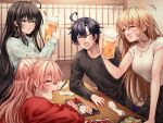  1boy 3girls ahoge alcohol bangs beer beer_mug black_hair black_shirt blue_eyes blue_shirt brown_hair casual chopsticks closed_eyes commentary_request cup drink food hair_bun happy hikigaya_hachiman holding holding_cup holding_drink isshiki_iroha long_hair long_sleeves medium_hair mug multiple_girls notice_lines open_mouth parted_lips pink_hair plate red_hayao red_shirt shirt short_hair short_sleeves sidelocks single_hair_bun single_side_bun smile sweatdrop white_shirt yahari_ore_no_seishun_lovecome_wa_machigatteiru. yuigahama_yui yukinoshita_yukino 