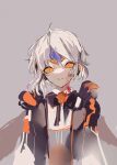  1girl black_jacket blood blood_on_clothes blood_on_face code:_unknown_(elsword) elsword eve_(elsword) grey_background highres jacket kurayuki0404 long_sleeves looking_at_viewer multicolored_clothes multicolored_jacket orange_eyes orange_jacket shirt short_hair sketch white_hair white_shirt 