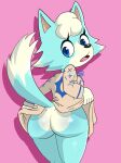  animal_crossing anthro blue_body blue_eyes blue_fur butt canid canine canis clothed clothing clothing_lift dress dress_lift female fur hair hi_res mammal nintendo no_underwear nojimmyplz pink_background portrait rear_view simple_background skye_(animal_crossing) solo three-quarter_portrait white_hair wolf 