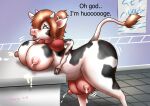 amborah big_breasts big_butt bodily_fluids bottomless bovid bovine breasts butt cattle clothed clothing dialogue female hooves lactating looking_back mammal shirt shirt_only solo species_transformation teats topwear topwear_only transformation udders 
