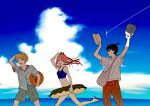  1girl 2boys arms_up ball beach beachball bikini black_hair blonde_hair blue_bikini blue_sky brown_hair brown_pants bucket_hat chainsaw_man cloud cloudy_sky collared_shirt day denji_(chainsaw_man) doughnut_innertube grey_shirt grey_shorts gurukousu hat hayakawa_aki highres holding holding_clothes holding_hat horns long_hair looking_at_another looking_to_the_side multiple_boys orange_eyes pants power_(chainsaw_man) shirt shooting_star short_hair shorts sky sweatdrop swimsuit topknot track_pants 