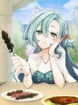  1girl :t aqua_hair blue_sky blurry blurry_background breasts chloe_(fire_emblem) cleavage commentary_request earrings fire_emblem fire_emblem_engage food foreshortening green_eyes hair_between_eyes hands_up highres hiro_(haruumi0120) holding holding_food jewelry long_hair looking_at_viewer outdoors plate sky smile solo upper_body 