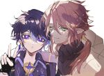  2boys black_gloves blue_hair brown_hair clamor_(elsword) closed_mouth dark_blue_hair elf elsword facing_to_the_side fingerless_gloves gloves green_eyes grey_hair kurayuki0404 looking_at_viewer male_focus multicolored_hair multiple_boys noah_ebalon pointy_ears short_hair smile stellar_caster_(elsword) teeth v white_background 