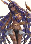  1girl absurdres blonde_hair egyptian_clothes fate/grand_order fate_(series) highres holding holding_staff long_hair looking_at_viewer multicolored_hair navel nitocris_(fate) purple_eyes purple_hair revealing_clothes sabamisob simple_background solo staff upper_body very_long_hair white_background 