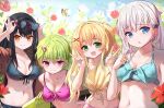  4girls bangs bikini black_bikini black_hair blonde_hair blue_bikini blue_eyes breasts bug butterfly clenched_hand cloud collarbone cross_hair_ornament double_v eyewear_on_head fang flower glasses green_eyes green_hair hair_ornament hairclip heart heart-shaped_eyewear jacket knot kushima_kamome long_hair looking_at_viewer multiple_girls naruse_shiroha navel nomura_miki open_clothes open_jacket open_mouth pink_bikini pink_eyes plant short_hair sky smile summer_pockets swimsuit tagame_(tagamecat) triangle_mouth tsumugi_wenders v victory_pose water_gun white_hair yellow_eyes 