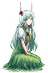  1girl bangs bow breasts closed_mouth ex-keine full_body highres horn_bow horn_ornament horns kamishirasawa_keine kuneamorai light_green_hair long_hair looking_at_viewer neckerchief red_bow red_eyes red_neckerchief short_sleeves simple_background sitting smile solo touhou v_arms white_background 