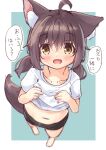  1girl :d absurdres ahoge animal_ear_fluff animal_ears bangs barefoot bike_shorts black_shorts blue_background blush brown_eyes brown_hair cat_ears cat_girl cat_tail collarbone commentary_request crop_top fang foreshortening from_above hair_between_eyes highres looking_at_viewer looking_up low_twintails manabe_mana midriff navel original shirt short_shorts short_sleeves shorts smile solo standing tail translation_request twintails two-tone_background white_background white_shirt 