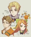  1girl 2boys alfred_(fire_emblem) blonde_hair boucheron_(fire_emblem) bow brooch brown_hair character_name commentary etie_(fire_emblem) fire_emblem fire_emblem_engage green_bow green_eyes grey_background grin hair_bow highres jewelry long_hair looking_at_viewer multiple_boys multiple_views orange_hair orange_shirt shirt short_hair simple_background smile velahka 