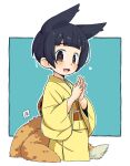  1girl :d animal_ears bangs black_hair blue_background bob_cut border brown_hair cropped_torso extra_ears fox_ears fox_girl fox_tail japanese_clothes kimono kukuri_(mawaru) long_sleeves looking_at_viewer mawaru_(mawaru) multiple_tails obi open_mouth original sash short_hair smile solo tail upper_body white_border yellow_kimono 