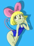  accessory animal_crossing anthro blonde_hair blue_background bow_ribbon breasts clothing female hair hair_accessory hair_bow hair_ribbon hi_res leaning leaning_forward looking_up mammal mouse murid murine nintendo nojimmyplz one-piece_swimsuit penelope_(animal_crossing) portrait ribbons rodent side_boob simple_background solo swimwear three-quarter_portrait 