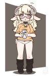  anthro bell blonde_hair bovid bow_ribbon bunnybits caprine clothed clothing collar eyewear female glasses goat hair hi_res hooves horn mammal off_shoulder orange_clothing orange_shirt orange_topwear red_eyes shirt solo starbucks topwear 