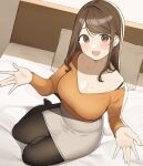  1girl :d bed bed_frame black_pantyhose blush bra_strap breasts brown_eyes brown_hair cleavage collarbone grey_skirt highres indoors large_breasts long_hair long_sleeves looking_at_viewer mole mole_on_breast ol-chan_(ol_mahonanoka) ol_mahonanoka on_bed open_mouth orange_shirt original outstretched_arms pantyhose pencil_skirt pillow ribbed_shirt shirt sitting skirt smile solo v-neck yokozuwari 