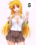  1girl :d bangs blonde_hair breasts cleavage collarbone cowboy_shot dress_shirt engo_(aquawatery) fate_testarossa grey_skirt highres large_breasts long_hair long_sleeves looking_at_viewer lyrical_nanoha mahou_shoujo_lyrical_nanoha_strikers miniskirt no_bra open_clothes open_mouth open_shirt pleated_skirt red_eyes shirt simple_background skirt smile solo speech_bubble standing straight_hair very_long_hair white_background white_shirt 