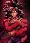  absurdres bandana bardock black_hair body_fur cross_scar dragon_ball dragon_ball_heroes dragon_ball_z highres large_pectorals monkey_boy monkey_tail muscular muscular_male pectorals red_bandana red_fur scar scar_on_cheek scar_on_face super_saiyan super_saiyan_4 tail wristband yuuri_(fukuroudou) 