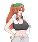  1girl abs absurdres black_bow black_sports_bra bow braid green_headwear grey_pants hair_bow hand_on_hip highres hong_meiling mata_(matasoup) muscular muscular_female pants red_hair smile solo sports_bra sportswear star_(symbol) sweatpants touhou towel towel_around_neck twin_braids white_background 