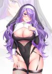  1girl absurdres alternate_costume banglinh1997 blush breasts camilla_(fire_emblem) cleavage fire_emblem fire_emblem_fates habit hair_over_one_eye highres large_breasts lips long_hair looking_at_viewer nun purple_eyes purple_hair see-through_headwear smile solo thick_thighs thighs very_long_hair wavy_hair 