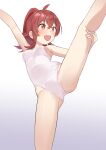 1girl ahoge breasts commentary_request cowboy_shot gradient_background grey_background highres idolmaster idolmaster_shiny_colors komiya_kaho kumanomi leg_up leotard long_hair red_eyes red_hair small_breasts smile solo split standing standing_on_one_leg standing_split white_background white_leotard 