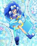  1girl animal_ears bangs blue_eyes blue_footwear blue_gloves blue_hair blue_thighhighs bubble_skirt cure_gelato full_body fur_trim gloves highres kirakira_precure_a_la_mode lion_ears lion_tail long_hair magical_girl official_art open_mouth parted_bangs pouch precure precure_connection_puzzlun single_thighhigh skirt smile solo tail tategami_aoi thighhighs third-party_source wide_ponytail 