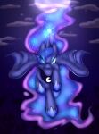  blue_body blue_hair blue_tail chilif equid equine eye_through_hair female feral friendship_is_magic front_view full_moon glowing glowing_horn hair hair_over_eye hasbro hi_res hooves horn looking_at_viewer mammal moon my_little_pony night one_eye_obstructed princess_luna_(mlp) raised_hoof smug solo spread_wings tail translucent translucent_hair winged_unicorn wings 