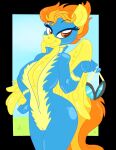  2015 4_fingers anthro anthrofied anthroifiied bedroom_eyes breasts camel_toe cleavage clothed clothing collaboration colored curvy_figure digital_drawing_(artwork) digital_media_(artwork) equid equine eyebrows eyelashes eyewear female fingers friendship_is_magic goggles hair hasbro holding_goggles king-cheetah krazykari latex mammal my_little_pony narrowed_eyes orange_eyes orange_hair orange_tail partially_clothed pegasus portrait raised_eyebrow seductive solo spitfire_(mlp) tail three-quarter_portrait wings wonderbolts_(mlp) wonderbolts_uniform yellow_body 