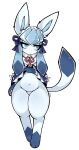  anthro bell bell_collar belly blue_body blue_eyes blush bottomless bottomless_female bow_ribbon clothed clothing collar eeveelution felid female generation_4_pokemon glaceon hi_res koivyx maid_collar maid_uniform mammal nintendo pokemon pokemon_(species) shy slightly_chubby solo squish standing uniform 
