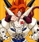  2boys absurdres anger_vein angry annoyed blue_eyes body_fur dragon dragon_ball dragon_ball_(object) dragon_ball_gt dragon_horns facial_hair fangs fusion gogeta highres horns metamoran_vest monkey_boy monkey_tail multiple_boys muscular muscular_male mustache omega_shenron pointy_ears red_fur red_hair shoulder_spikes spikes super_saiyan super_saiyan_4 tail yuuri_(fukuroudou) 