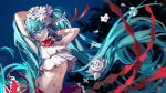 1girl absurdly_long_hair absurdres arms_up bangs bare_arms blue_background blue_eyes blue_hair blurry blurry_foreground crop_top floating_hair flower hair_between_eyes hair_flower hair_ornament hatsune_miku headphones headset highres kako_(pixiv77158173) long_hair microphone midriff miniskirt navel nisoku_hokou_(vocaloid) red_skirt skirt solo standing stomach twintails very_long_hair vocaloid white_flower 