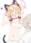  1boy 1girl :3 anba_kohaku animal_ear_headphones animal_ears arm_behind_head arm_up armpits bald bangs blonde_hair blue_archive blunt_bangs blush bow bow_panties bra cat_ear_headphones collarbone commentary_request faceless faceless_male fake_animal_ears hair_bow halo headphones hetero highres medium_hair momoi_(blue_archive) navel open_mouth panties polka_dot polka_dot_bra polka_dot_panties red_bow sensei_(blue_archive) simple_background smell smelling_armpit spoken_squiggle squiggle sweat sweatdrop tail training_bra underwear underwear_only upper_body v-shaped_eyebrows white_background wide_oval_eyes 