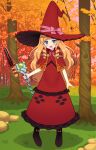  1girl :d absurdres ami_(ammy33) blonde_hair blue_eyes blush bow dagger doctor_magus doctor_magus_4 dress drill_hair fang hat hat_bow highres knife large_hat long_dress long_hair looking_at_viewer pink_bow red_dress red_headwear sekaiju_no_meikyuu sekaiju_no_meikyuu_2 smile solo staff weapon witch witch_hat 
