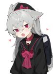  1girl animal_ears backpack bag beret blush collar fang fenrir_(fenriluuu) grey_hair hair_between_eyes hat heart highres long_hair looking_at_viewer open_mouth original purple_eyes randoseru rir-chan school_uniform serafuku simple_background solo white_background 