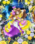  1girl amanogawa_kirara bangs blunt_bangs brown_hair dress earrings flower gem go!_princess_precure highres jewelry long_hair multicolored_clothes multicolored_dress official_art open_mouth precure precure_connection_puzzlun purple_eyes rose smile solo third-party_source white_flower white_rose yellow_flower yellow_footwear yellow_rose 