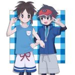  2boys :d bangs bare_arms blue_jacket blue_shirt blush bodysuit bodysuit_under_clothes bright_pupils brown_hair closed_mouth commentary_request cosplay costume_switch elio_(pokemon) elio_(pokemon)_(cosplay) eyelashes grey_shorts hand_up highres jacket leggings locked_arms male_focus multiple_boys nate_(pokemon) nate_(pokemon)_(cosplay) open_mouth parted_bangs pokemon pokemon_(game) pokemon_bw2 pokemon_usum red_headwear sana_(37pisana) shirt short_hair short_sleeves shorts sleeveless sleeveless_shirt smile v visor_cap white_pupils white_shorts zipper_pull_tab 