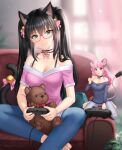  2girls :t animal_ears bare_shoulders barefoot black_choker black_hair blue_sweater blurry blurry_background bra_strap breasts cat_ears cat_tail choker cleavage commentary commission controller couch denim feet_out_of_frame game_controller gigamessy glasses green_eyes grey_pants grin head_tilt highres holding holding_controller holding_game_controller indoors jeans large_breasts leggings long_hair looking_at_viewer minigirl mouse_ears mouse_tail multiple_girls off-shoulder_shirt off-shoulder_sweater off_shoulder original pants pink-framed_eyewear pink_choker pink_hair pink_shirt ribbed_sweater shirt short_sleeves sitting smile stuffed_animal stuffed_toy sweater tail teddy_bear twintails very_long_hair wariza 