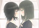  2girls bangs black_hair blush closed_mouth couple eye_contact face-to-face facing_another flowers_(innocent_grey) green_eyes innocent_grey long_sleeves looking_at_another mizuno-go multiple_girls school_uniform short_hair smile takasaki_chidori yaegaki_erika yuri 