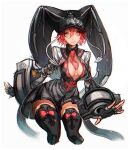  1girl between_breasts black_dress black_skirt black_thighhighs blush breasts center_opening cleavage_cutout closed_mouth clothing_cutout dress full_body guilty_gear guilty_gear_2 hair_between_eyes hat headpiece long_sleeves looking_at_viewer medium_breasts medium_hair nail_polish necktie no_bra red_eyes red_hair red_nails red_necktie short_hair simple_background skirt skull solo solo_focus standing thighhighs valentine_(guilty_gear) white_background yohane_shimizu zettai_ryouiki 