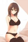  arms_behind_back breasts brown_eyes brown_hair copyright_request light_smile lingerie non-web_source ponpon_(ponpon62126) simple_background sitting thighhighs underwear yukinoshita_haruno 
