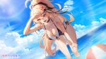  1girl ahoge arm_up bare_arms bare_shoulders bent_over bikini black_bikini black_choker blonde_hair blue_sky bow breasts choker cleavage cloud criss-cross_halter day dutch_angle fang flower hair_bow hair_flower hair_ornament halterneck hand_on_own_knee highres kwon_latte large_breasts layered_bikini long_hair looking_ahead love_delivery multi-strapped_bikini ocean official_art open_mouth orange_eyes osuti outdoors ponytail shading_eyes side-tie_bikini_bottom sky smile solo standing string_bikini sunlight swimsuit thighs very_long_hair wading wet white_bikini 