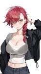  1girl arm_up bangs black_jacket blush bracelet breasts cleavage closed_mouth earrings hair_behind_ear hair_over_shoulder highres jacket jewelry large_breasts maenoo midriff navel off_shoulder original red_hair smile solo tank_top white_background white_tank_top yellow_eyes 