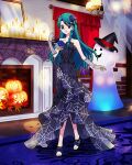 1girl aqua_eyes aqua_hair black_dress black_footwear blue_flower blue_rose bracelet braid candle dress fireplace flower full_body gloves go!_princess_precure halloween hat highres jewelry kaidou_minami lace lace_gloves long_dress long_hair official_art precure precure_connection_puzzlun rose side_braid smile solo strapless strapless_dress third-party_source witch_hat 