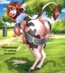  amborah anus big_butt bodily_fluids bovid bovine breasts butt cattle clothing dialogue female genitals hi_res hooves human lactating looking_back mammal nipples puffy_anus pussy solo species_transformation tail tail_tuft teats transformation tuft udders wardrobe_malfunction 