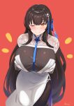  1girl black_bodysuit black_hair blue_ribbon blush bodysuit breasts breasts_squeezed_together closed_mouth daiyan_(girls&#039;_frontline_nc) dress girls&#039;_frontline_neural_cloud gloves hair_ribbon highres huge_breasts kion-kun long_hair long_sleeves looking_at_viewer one_eye_closed red_background ribbon smile solo very_long_hair white_dress white_gloves yellow_eyes 