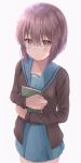  1girl bad_id bad_twitter_id bangs blue_sailor_collar blue_skirt blush book book_hug bookmark brown_cardigan brown_eyes cardigan closed_mouth collarbone commentary_request cowboy_shot glasses highres holding holding_book kita_high_school_uniform long_sleeves nagato_yuki object_hug open_cardigan open_clothes purple_hair red_ribbon ribbon sailor_collar school_uniform serafuku short_hair skirt solo standing suzumiya_haruhi_no_yuuutsu umineco_1 winter_uniform 