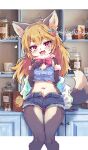  1girl akuma_gaoru animal_ear_fluff animal_ears animal_nose black_fur blonde_hair blue_shirt body_fur clothes_writing cutoffs denim denim_shorts dog_ears dog_girl dog_tail fangs furry furry_female futaba_channel hair_ornament hairclip hand_on_own_chest highres indoors jacket jar kolshica long_hair looking_at_viewer midriff navel nijiura off_shoulder open_mouth red_eyes shelf shirt short_shorts shorts sleeveless sleeveless_shirt smile solo tail thigh_gap thighs two-tone_fur unbuttoned unbuttoned_shorts white_fur white_jacket 