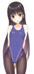  1girl aria. arms_behind_back ass_visible_through_thighs bangs bare_arms black_hair black_pantyhose blue_one-piece_swimsuit blush breasts cafe_stella_to_shinigami_no_chou collarbone commentary competition_swimsuit curvy eyes_visible_through_hair frown groin hair_down head_tilt highres long_hair looking_at_viewer medium_breasts mole mole_under_eye one-piece_swimsuit open_mouth own_hands_together pantyhose shiki_natsume sidelocks simple_background solo standing straight_hair sweat swimsuit tights_day v-shaped_eyebrows very_long_hair white_background yellow_eyes yuzu-soft 